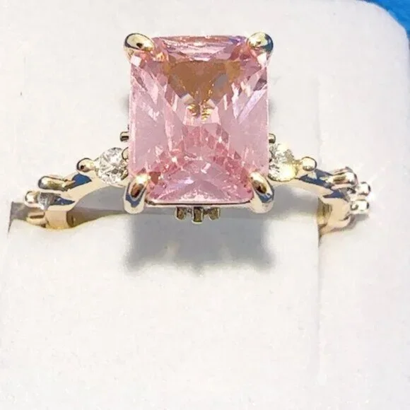 Princess Cut Pink Cubic Zirconia Ring Gold Plated Size 5-10 - Picture 3 of 14